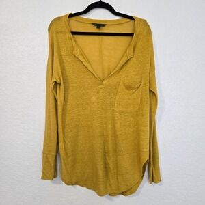 Banana Republic Mustard Yellow Slub Knit V-Neck Long Sleeve Linen Womens M